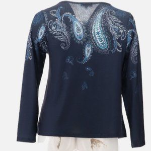 DG2 Diane Gilman Brushed Knit Border Print Swing Hem Top NAVY XS